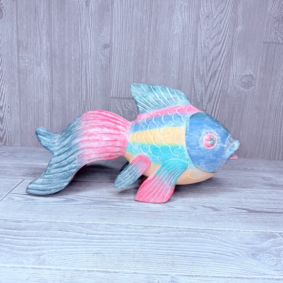 Vintage large hand carved wooden pastel fish decoration statue figurine 80s